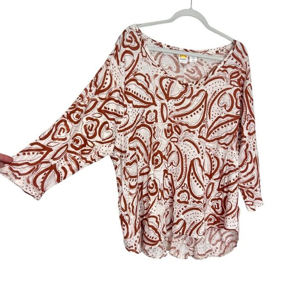 C&C California Blouse Top Womens 3X Brown White Linen 3/4 Sleeve V-Neck Coastal - Picture 3 of 12